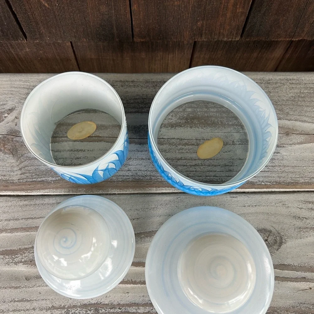 Vintage Blue and White Hand Painted Lidded Glass Jars with Coastal Motiff